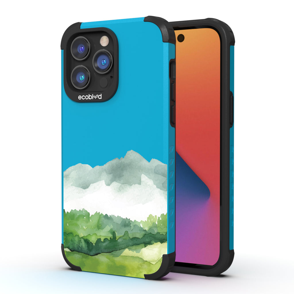 Front and back view of iPhone 14 Pro Max case, rugged compostable phone case in blue, Open Horizon design