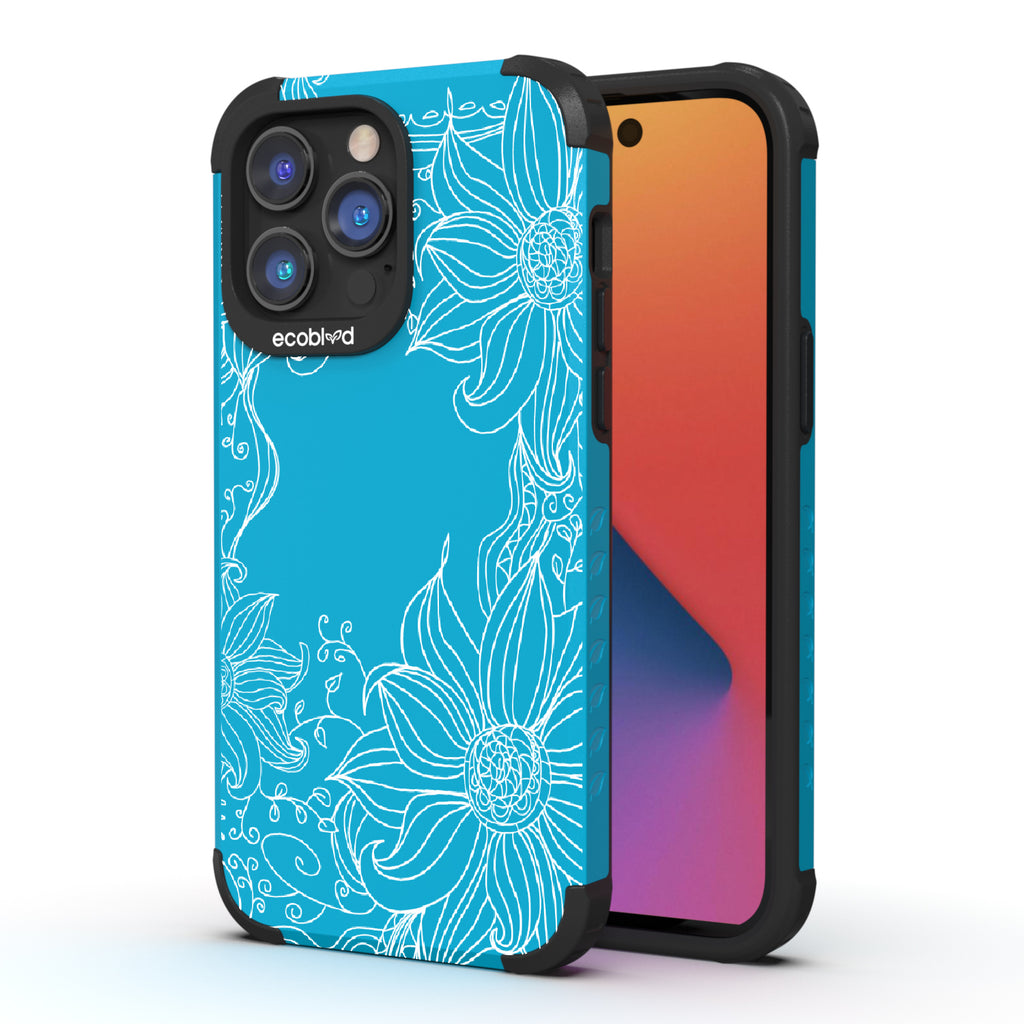 Flower Stencil - Back View Of Blue & Eco-Friendly Rugged iPhone 14 Pro Max Case & A Front View Of The Screen