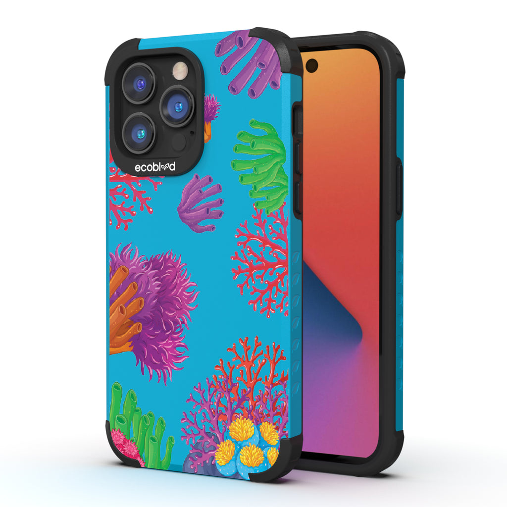 Coral Reef - Back View Of Blue & Eco-Friendly Rugged iPhone 14 Pro Case & A Front View Of The Screen