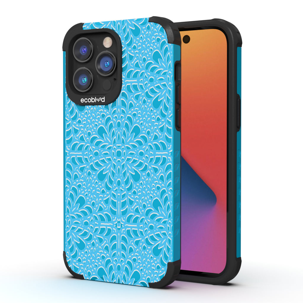 A Lil' Dainty - Back View Of Eco-Friendly Blue iPhone 14 Pro Rugged Case & Front View Of Screen