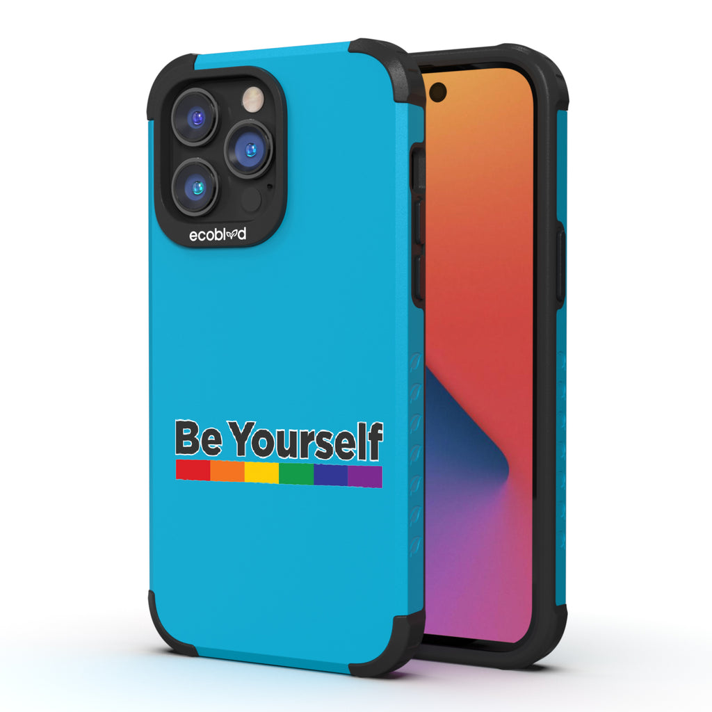 Be Yourself - Back View Of Blue Eco-Friendly iPhone 14 Pro Max Rugged Case & Front View Of Screen