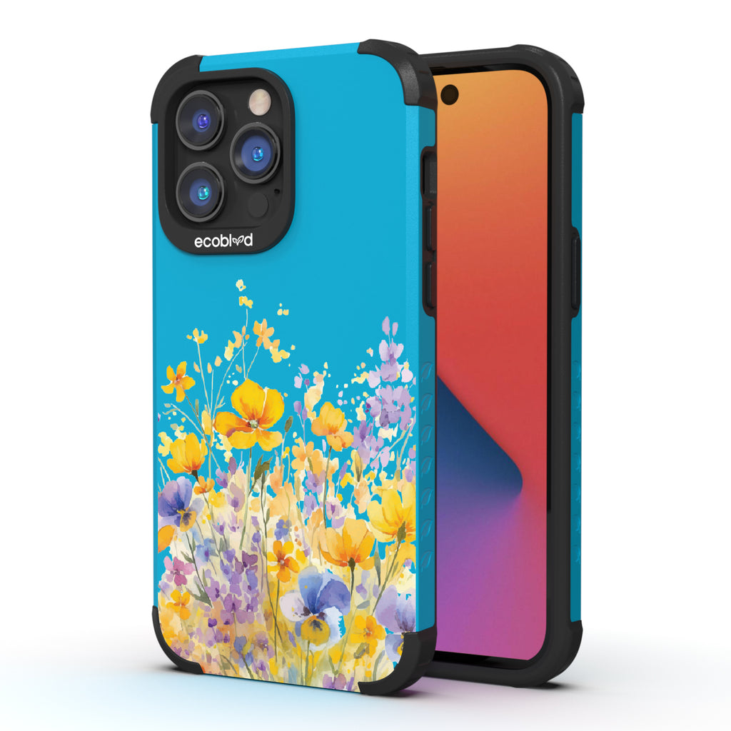 Front and back view of iPhone 14 Pro Max case, rugged compostable phone case in blue, Meadowlight design