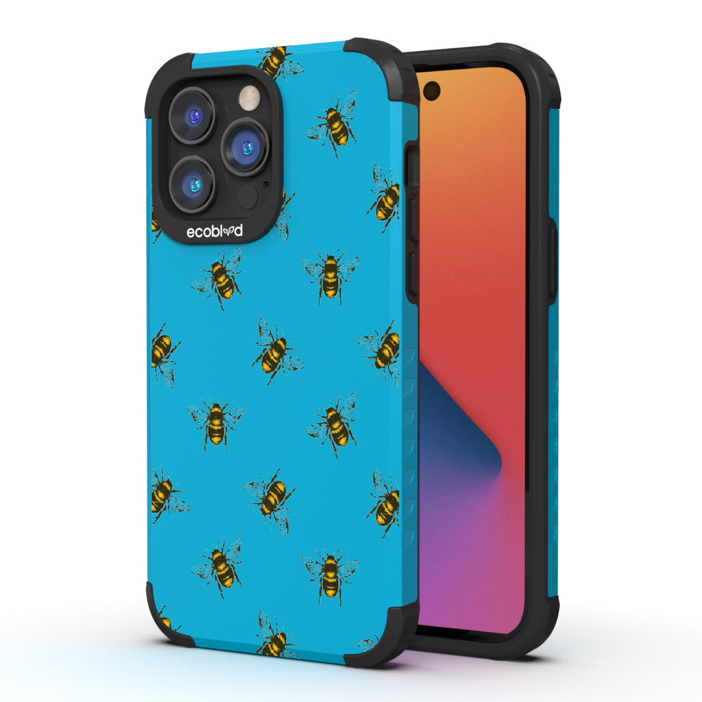 Bees - Back View Of Blue & Eco-Friendly Rugged iPhone 14 Pro Case & A Front View Of The Screen