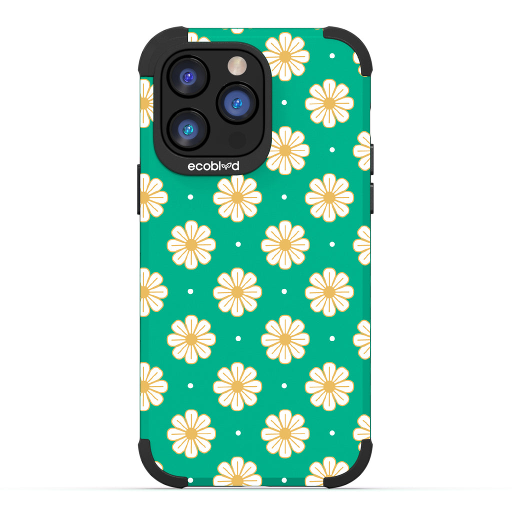 Daisy - Green Rugged Eco-Friendly iPhone 14 Pro Case With A White Floral Pattern Of Daisies & Dots On Back
