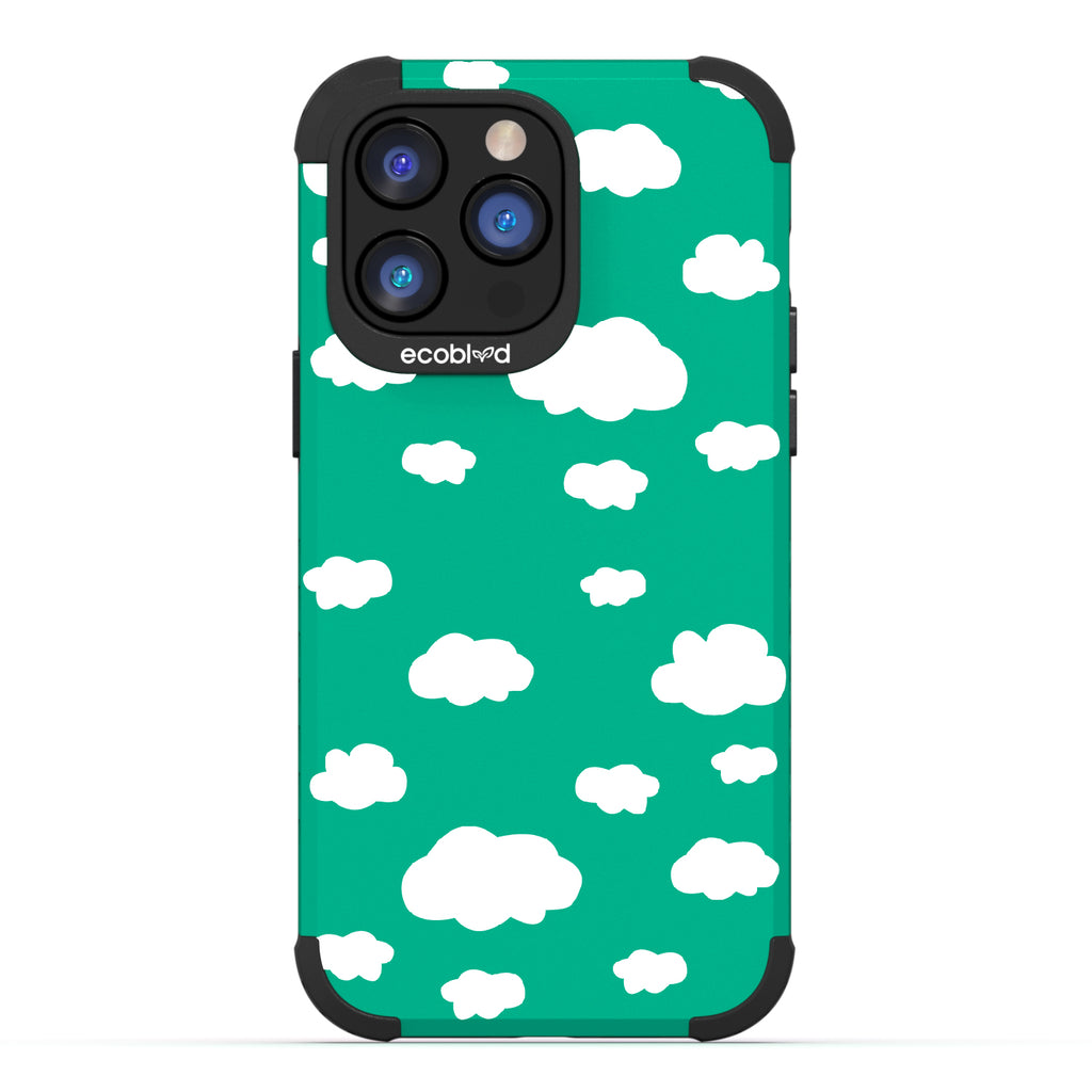 Clouds - Green Rugged Eco-Friendly iPhone 14 Pro Case With A Fluffy White Cartoon Clouds Print On Back