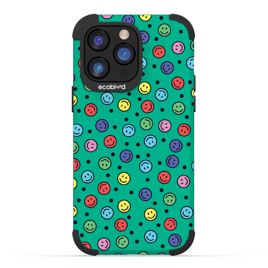 All Smiles - Green Rugged Eco-Friendly iPhone 14 Pro Case With Multicolored Smiley Faces & Black Dots On Back