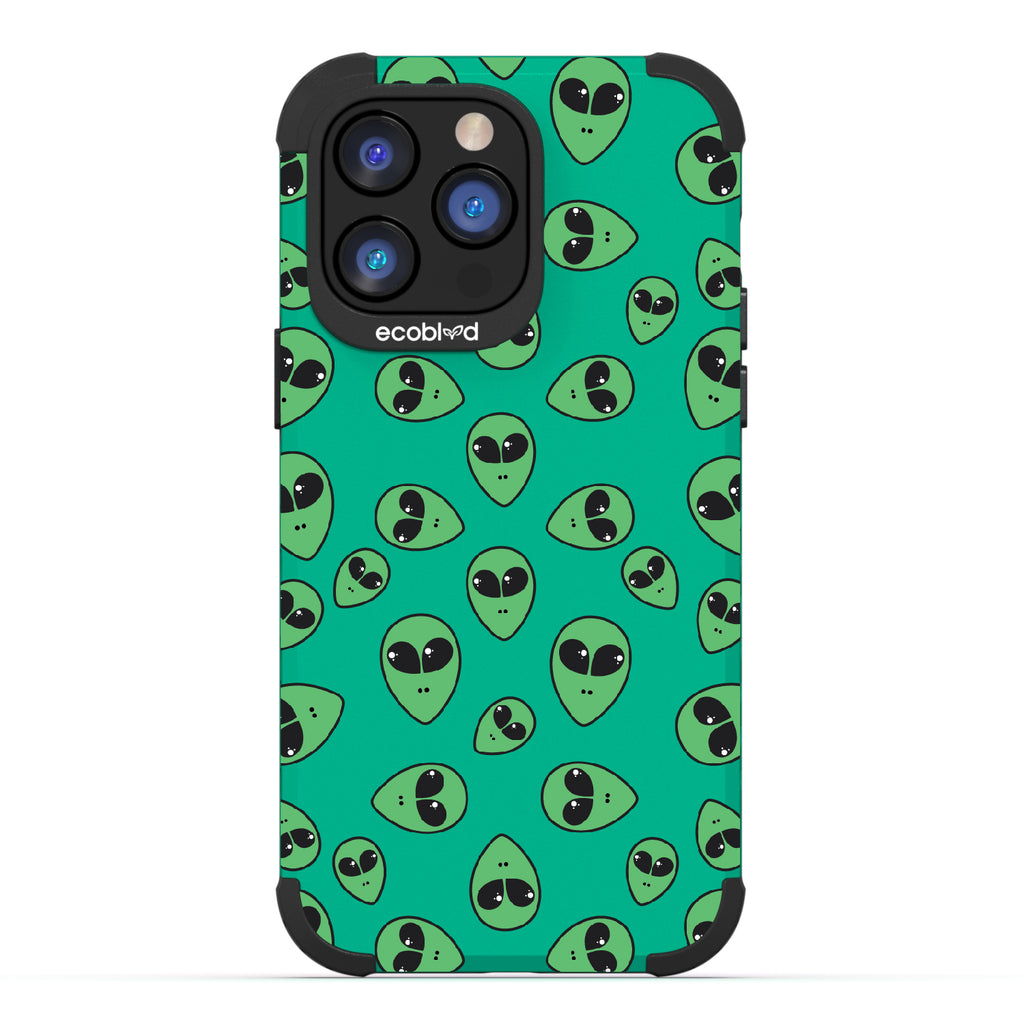 Aliens - Green Rugged Eco-Friendly iPhone 14 Pro Max Case With Green Cartoon Alien Heads On Back