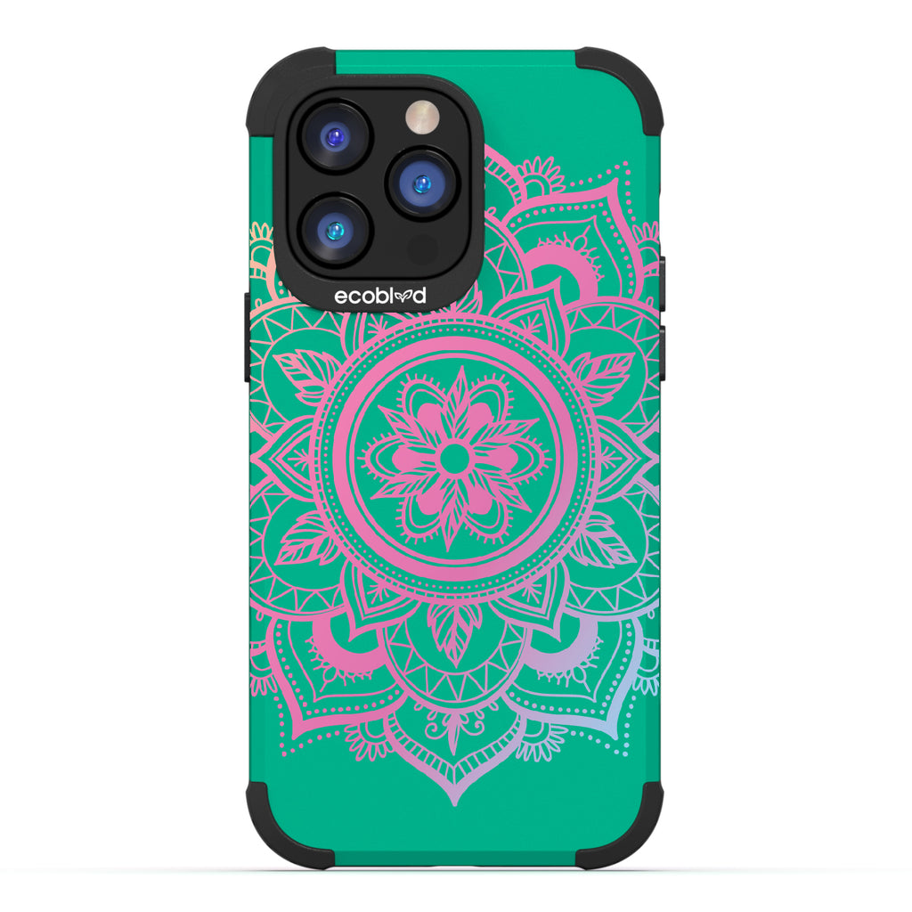 Mandala - Green Rugged Eco-Friendly iPhone 14 Pro Case With A Pink Lotus Flower Mandala On Back
