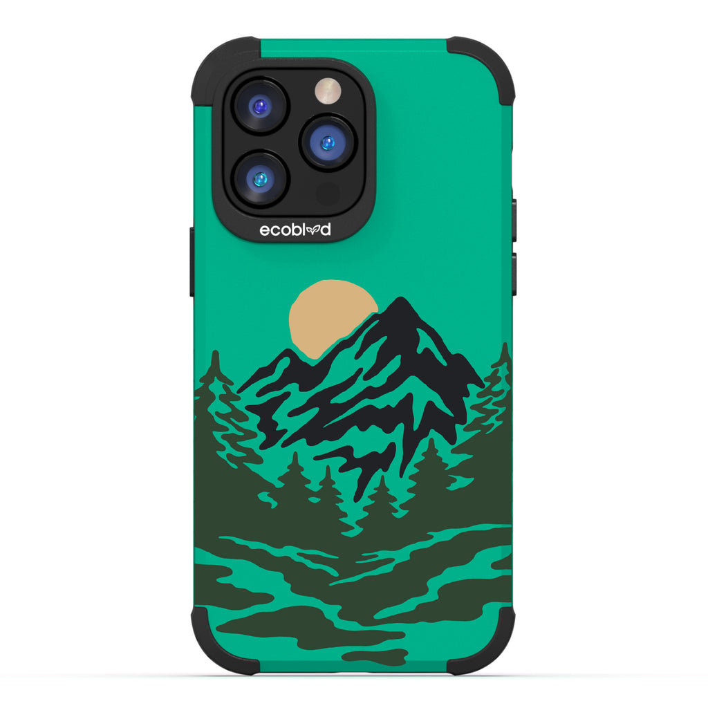 Mountains - Green Rugged Eco-Friendly iPhone 14 Pro Max Case With A Minimalist Moonlit Mountain Landscape On Back