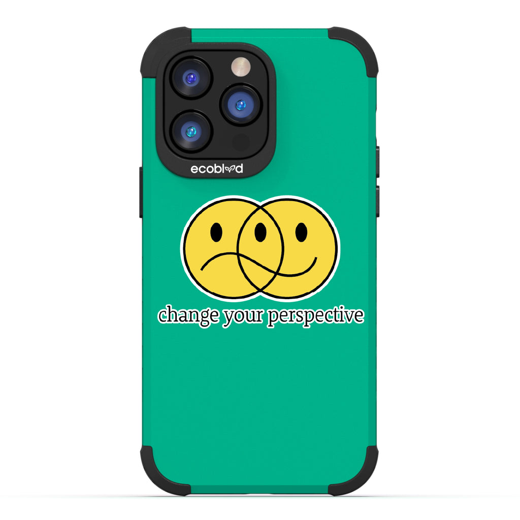 Perspective - Green Rugged Eco-Friendly iPhone 14 Pro Max Case With A Happy/Sad Face & Change Your Perspective On Back