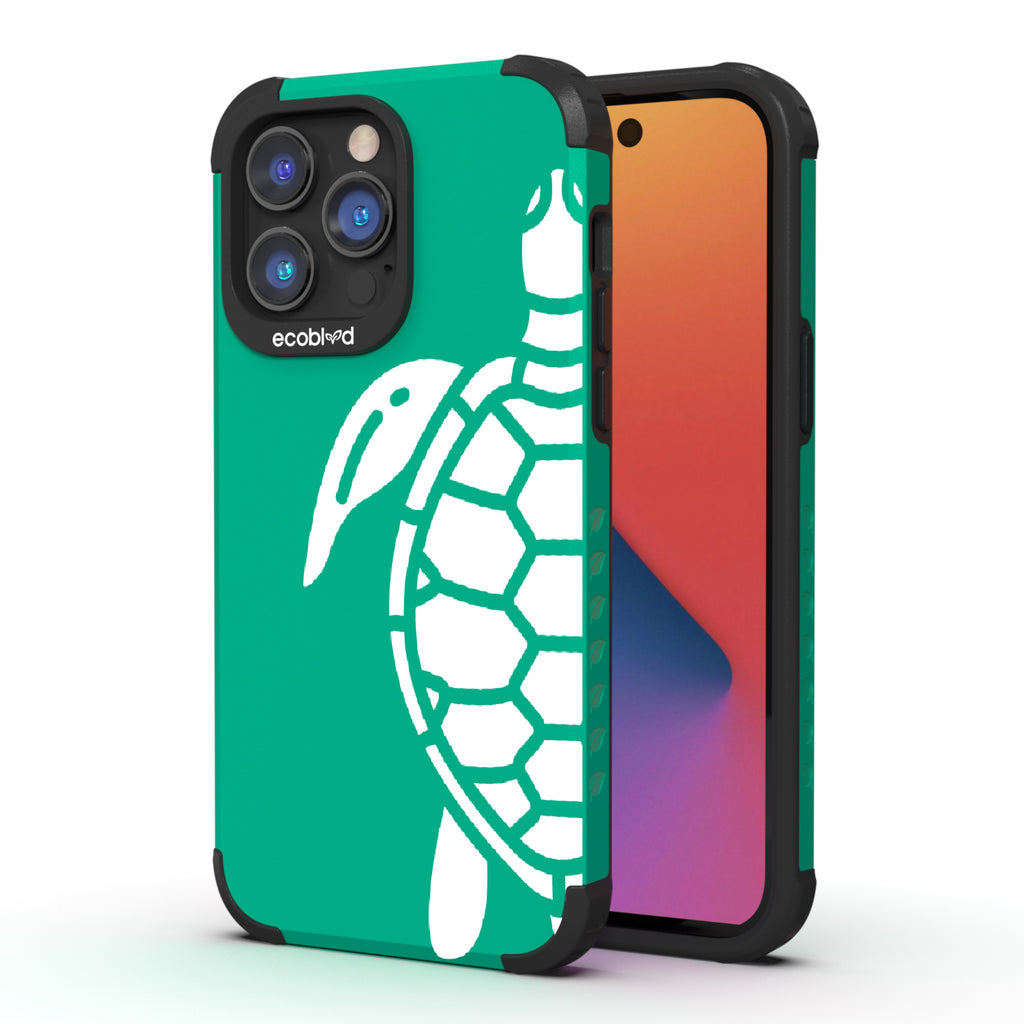 Sea Turtle - Back View Of Green & Eco-Friendly Rugged iPhone 14 Pro Case & A Front View Of The Screen