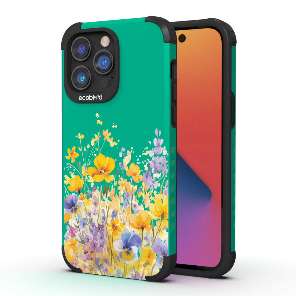 Front and back view of iPhone 14 Pro Max case, rugged compostable phone case in green, Meadowlight design