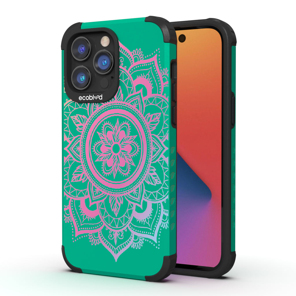 Mandala - Back View Of Green & Eco-Friendly Rugged iPhone 14 Pro Max Case & A Front View Of The Screen