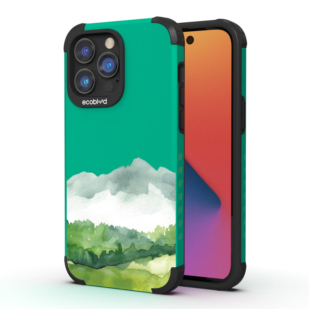 Front and back view of iPhone 14 Pro Max case, rugged compostable phone case in green Open Horizon design