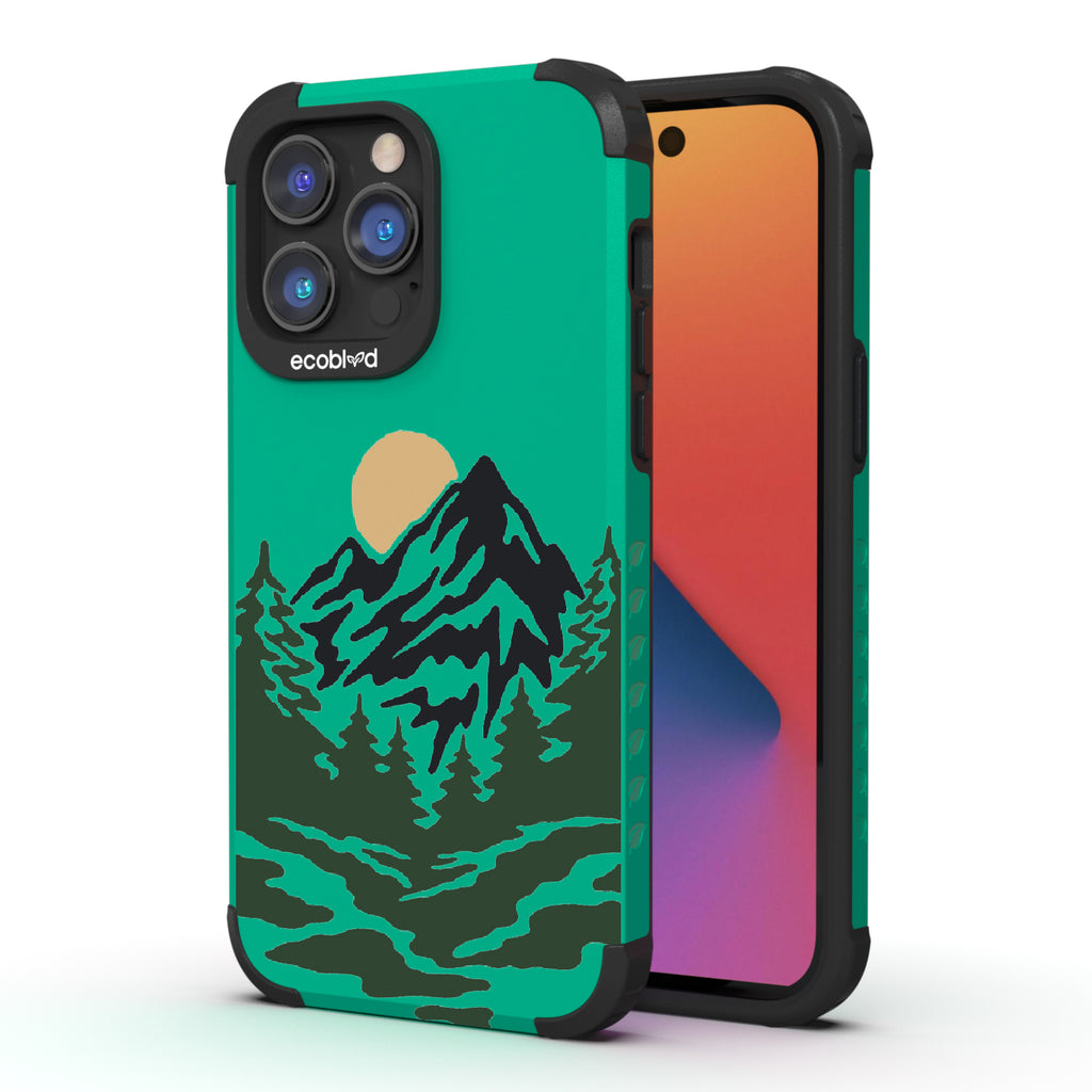Mountains - Back View Of Green & Eco-Friendly Rugged iPhone 14 Pro Max Case & A Front View Of The Screen