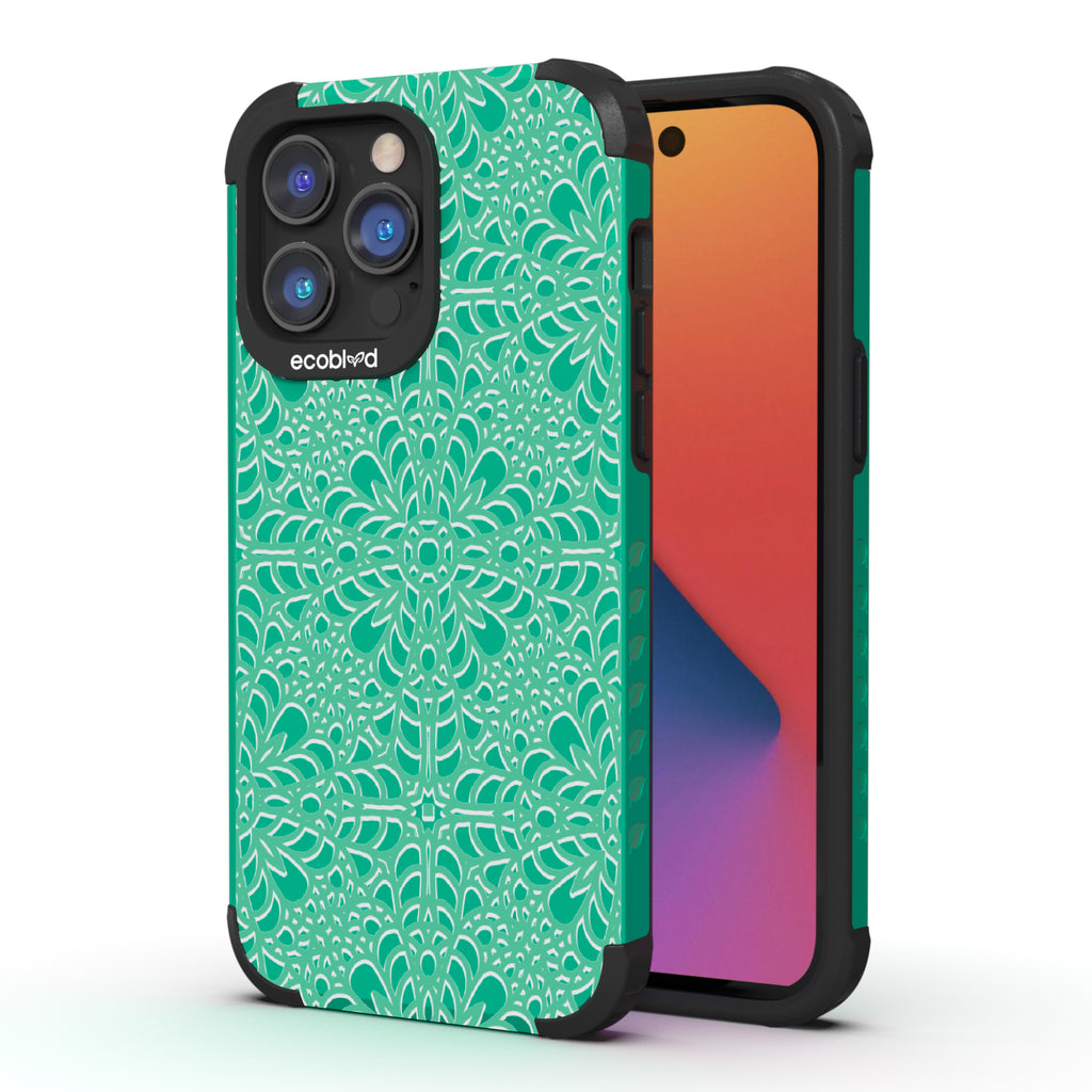 A Lil' Dainty - Back View Of Eco-Friendly Green iPhone 14 Pro Max Rugged Case & Front View Of Screen