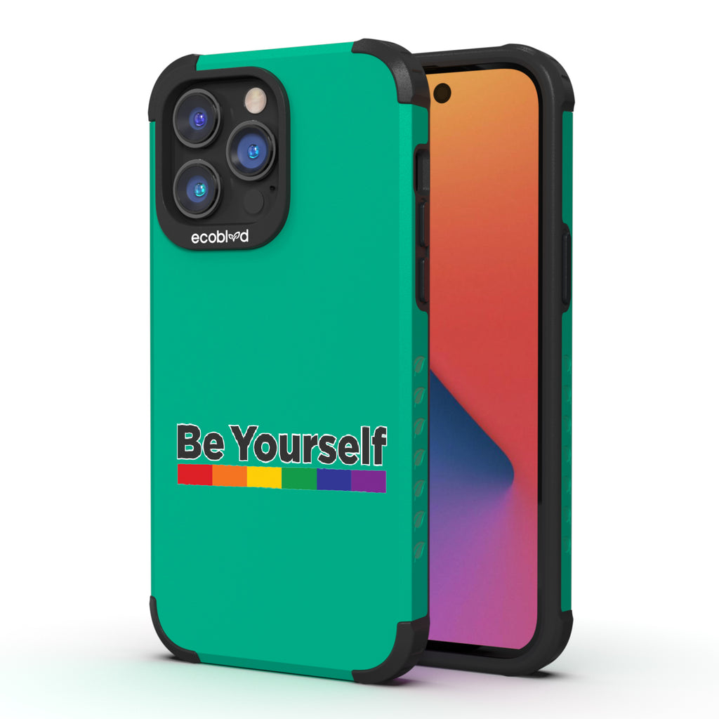 Be Yourself - Back View Of Green Eco-Friendly iPhone 14 Pro Max Rugged Case & Front View Of Screen