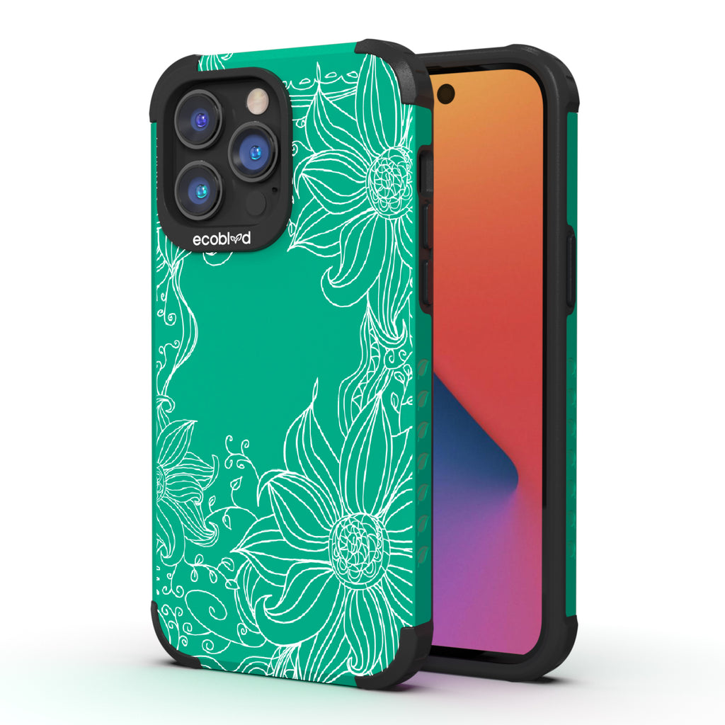 Flower Stencil - Back View Of Green & Eco-Friendly Rugged iPhone 14 Pro Max Case & A Front View Of The Screen
