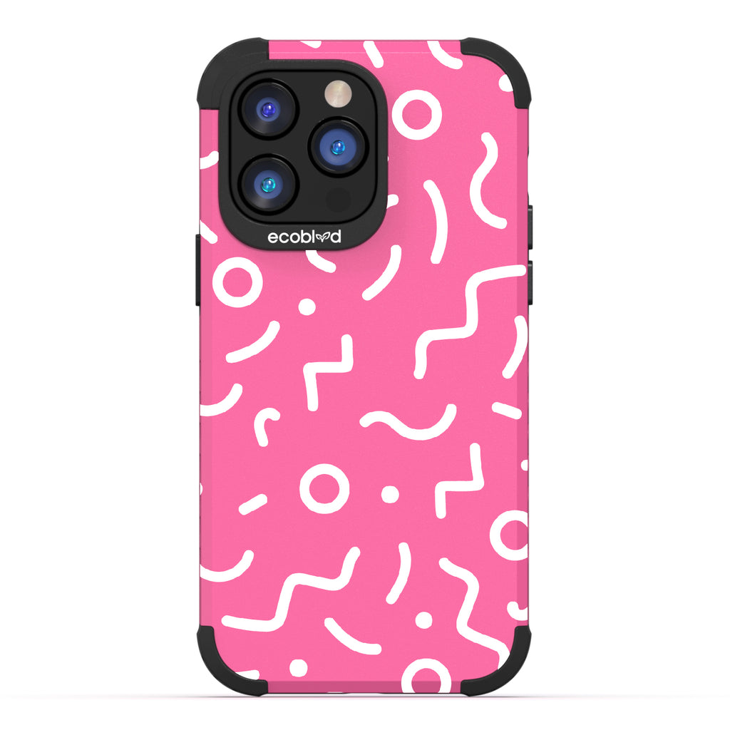 90?€?s Kids  - Pink Rugged Eco-Friendly iPhone 14 Pro Case With Retro 90?€?s Lines & Squiggles On Back