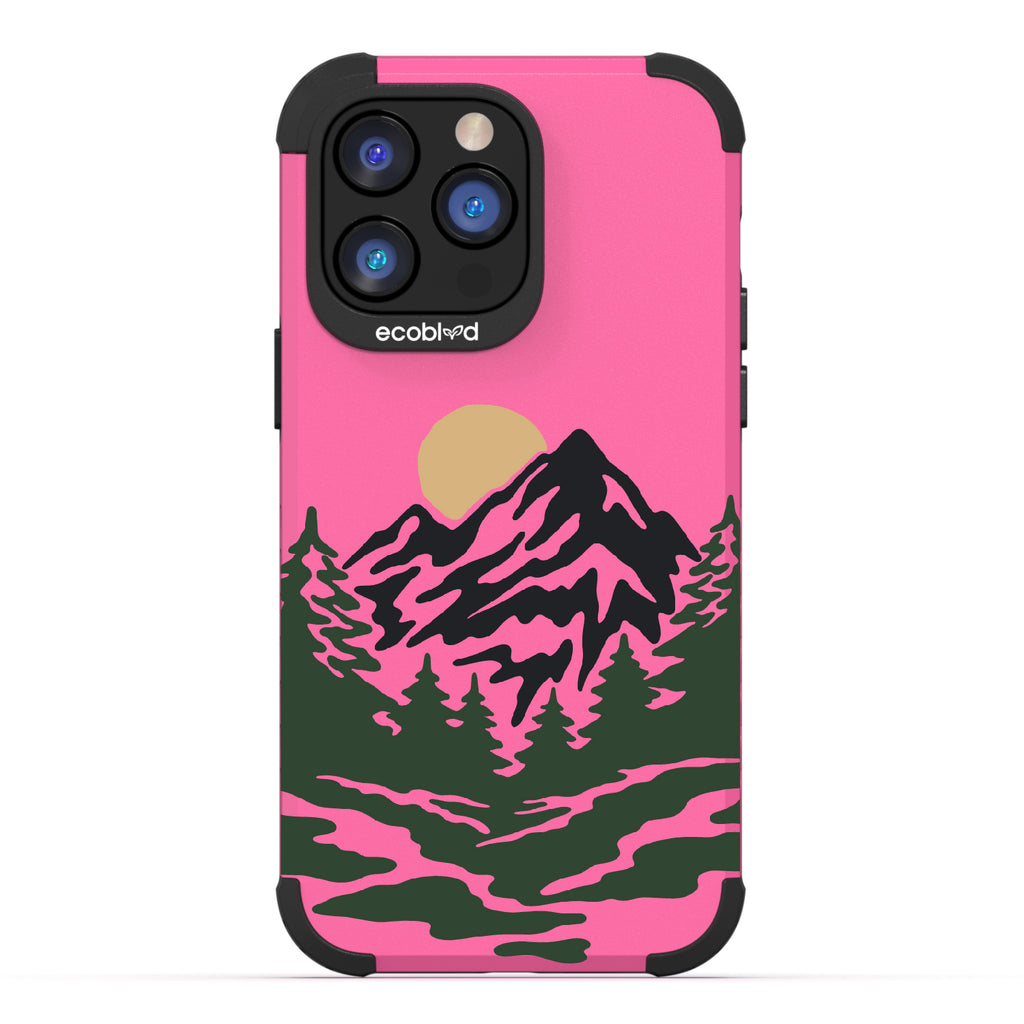 Mountains - Pink Rugged Eco-Friendly iPhone 14 Pro Max Case With A Minimalist Moonlit Mountain Landscape On Back