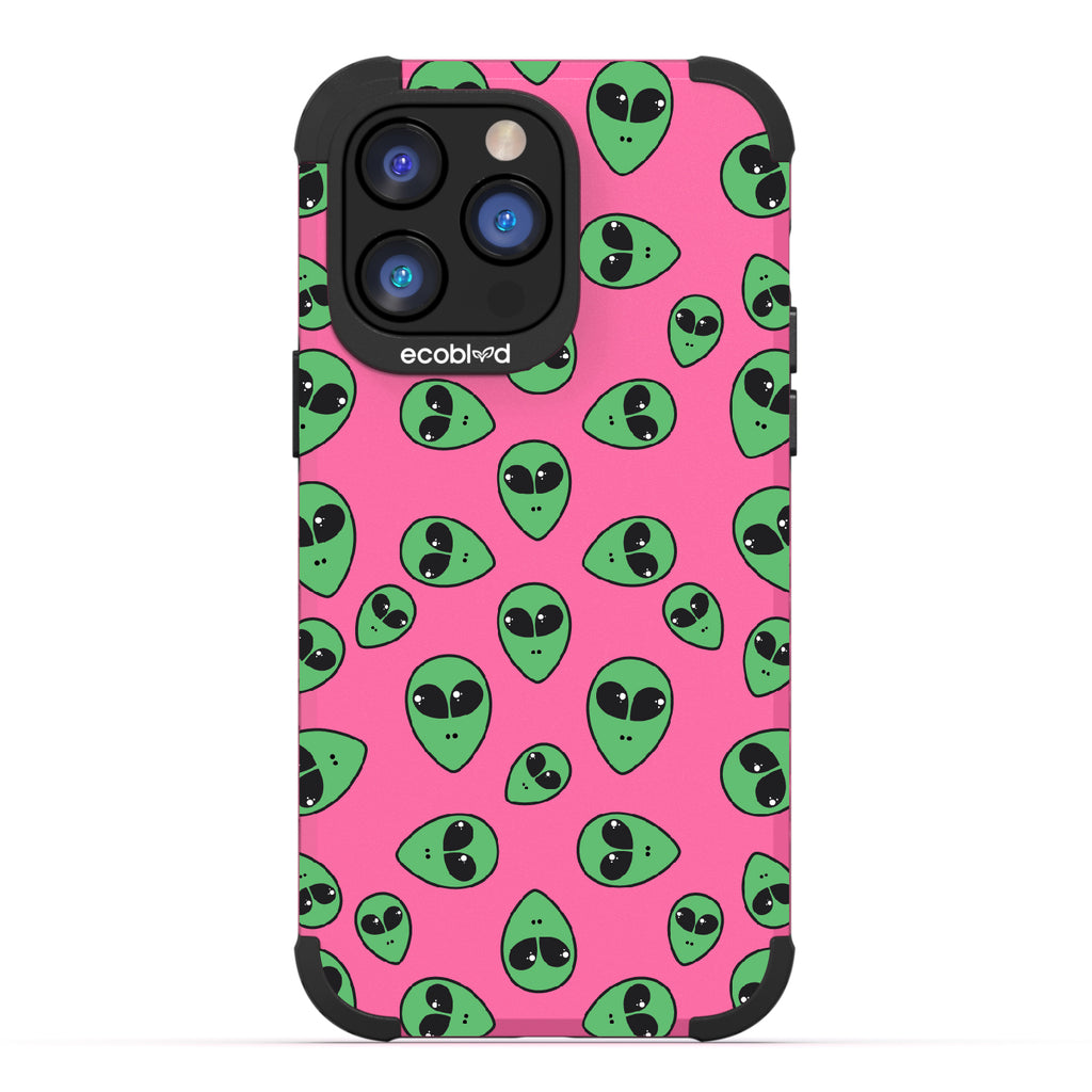 Aliens - Pink Rugged Eco-Friendly iPhone 14 Pro Max Case With Green Cartoon Alien Heads On Back