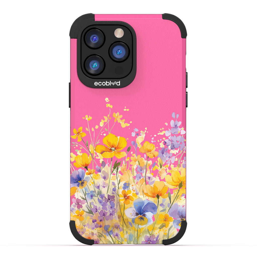 iPhone 14 Pro Max case, rugged compostable phone case in pink, back view, Meadowlight design