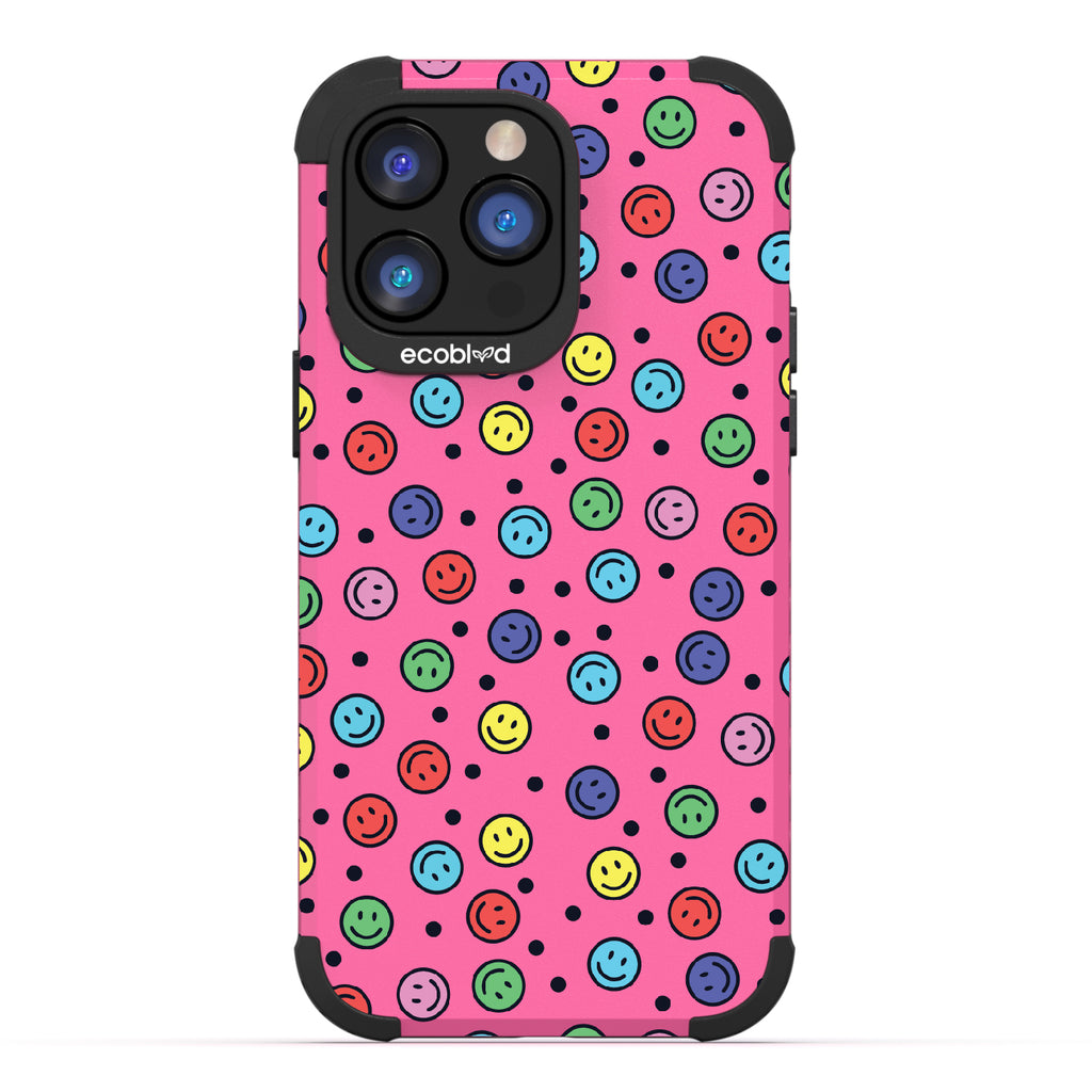 All Smiles - Pink Rugged Eco-Friendly iPhone 14 Pro Case With Multicolored Smiley Faces & Black Dots On Back