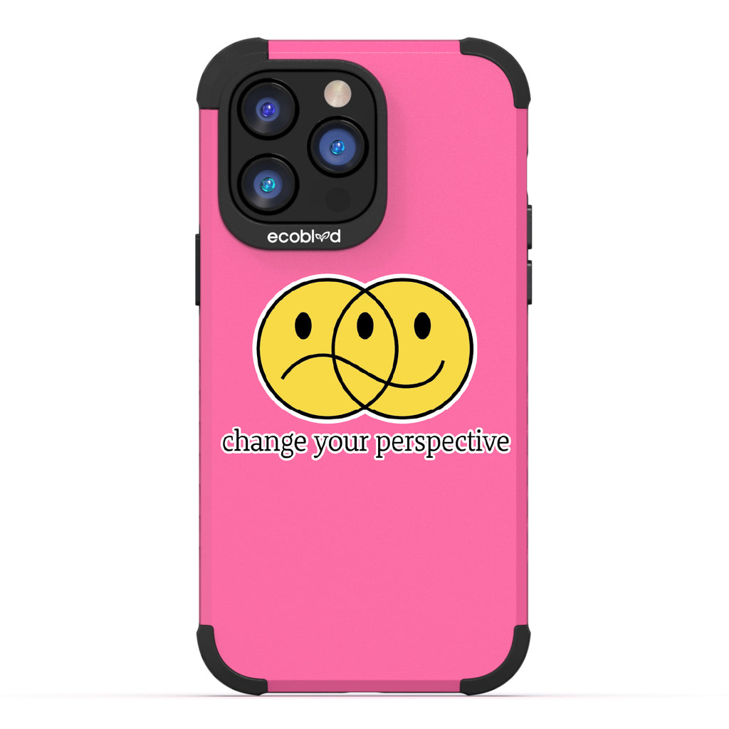 Perspective - Pink Rugged Eco-Friendly iPhone 14 Pro Max Case With A Happy/Sad Face & Change Your Perspective On Back