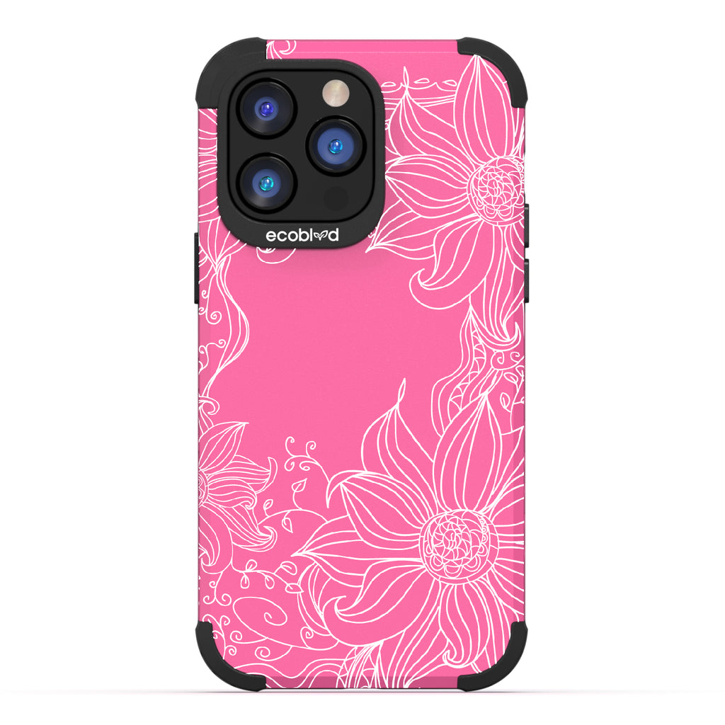 Flower Stencil - Pink Rugged Eco-Friendly iPhone 14 Pro Case With A Sunflower Stencil Line Art Design  On Back