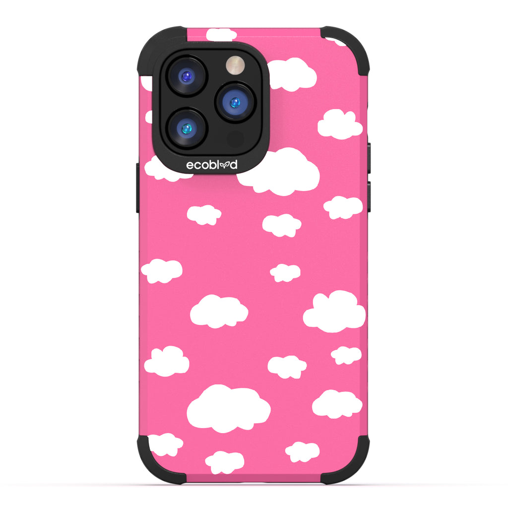 Clouds - Pink Rugged Eco-Friendly iPhone 14 Pro Case With A Fluffy White Cartoon Clouds Print On Back