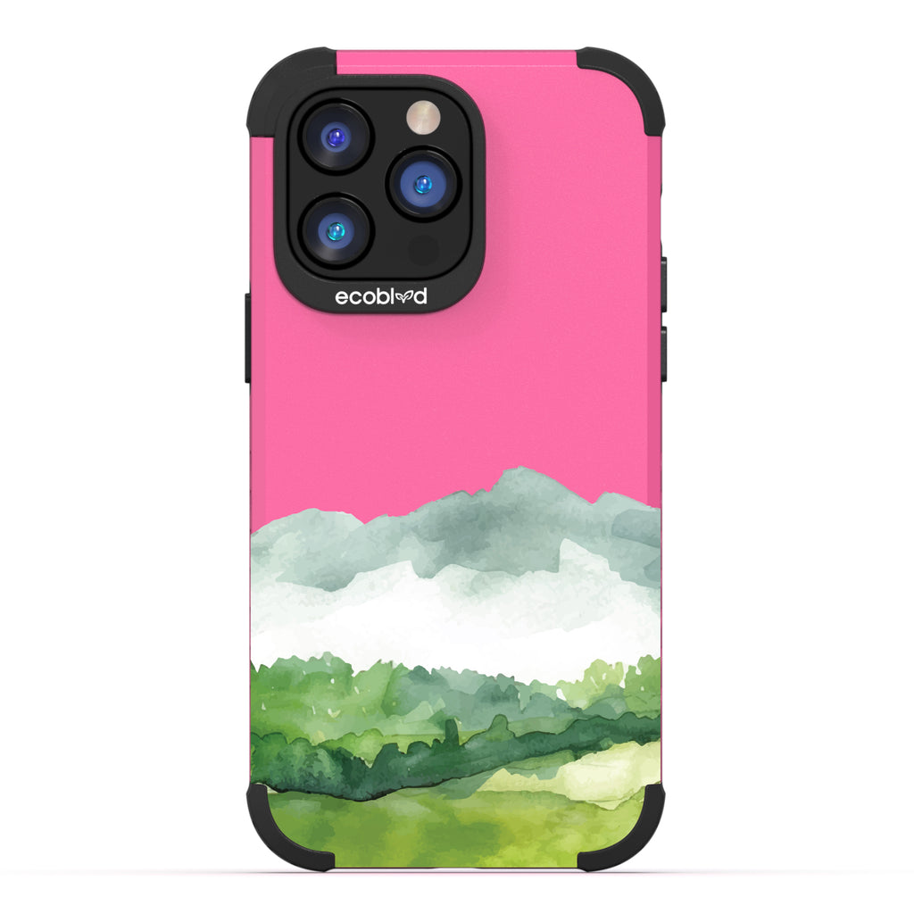 iPhone 14 Pro Max case, rugged compostable phone case in pink, back view, Open Horizon design