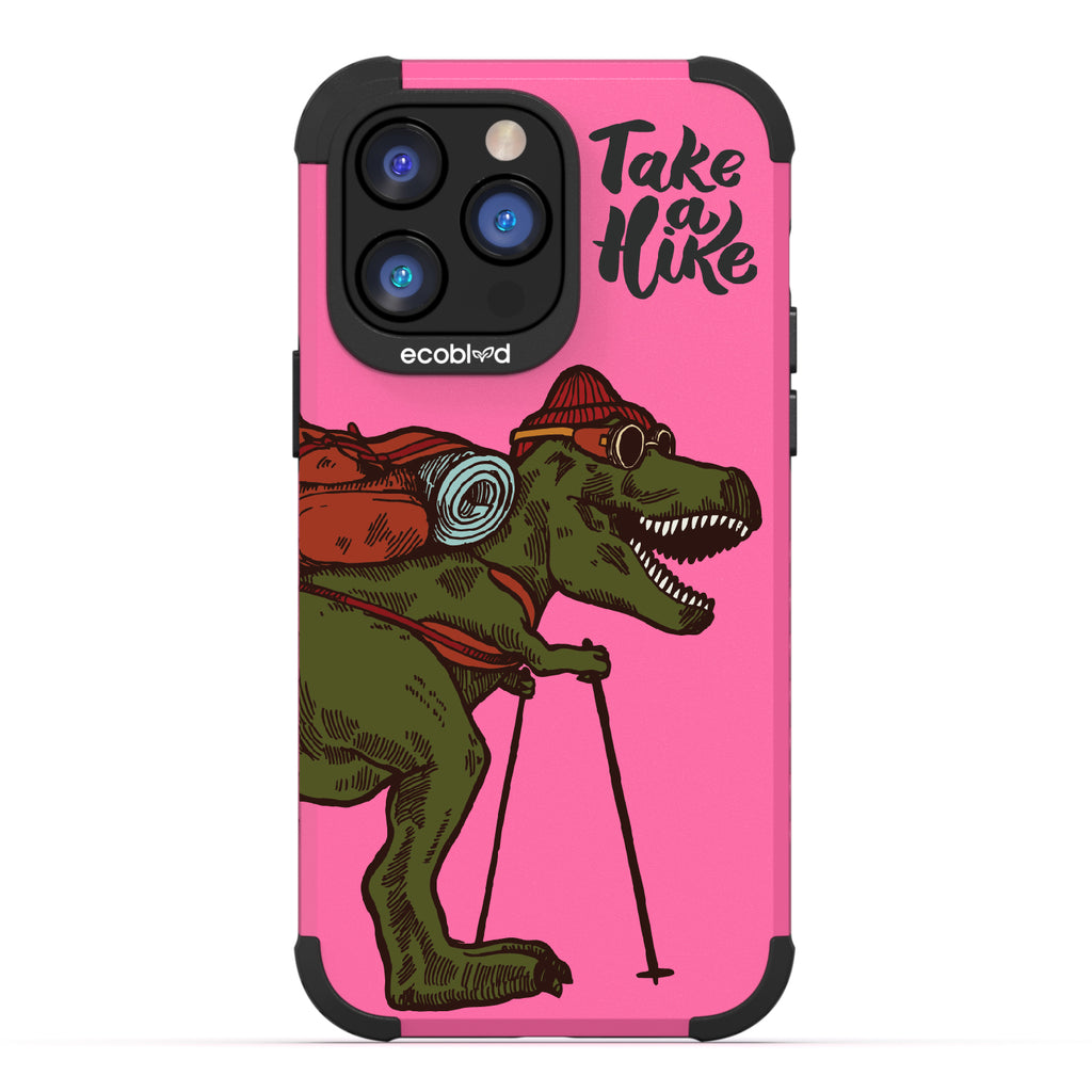 Take A Hike - Pink Rugged Eco-Friendly iPhone 14 Pro Case With A Trail-Ready T-Rex And A Quote Saying Take A Hike On Back