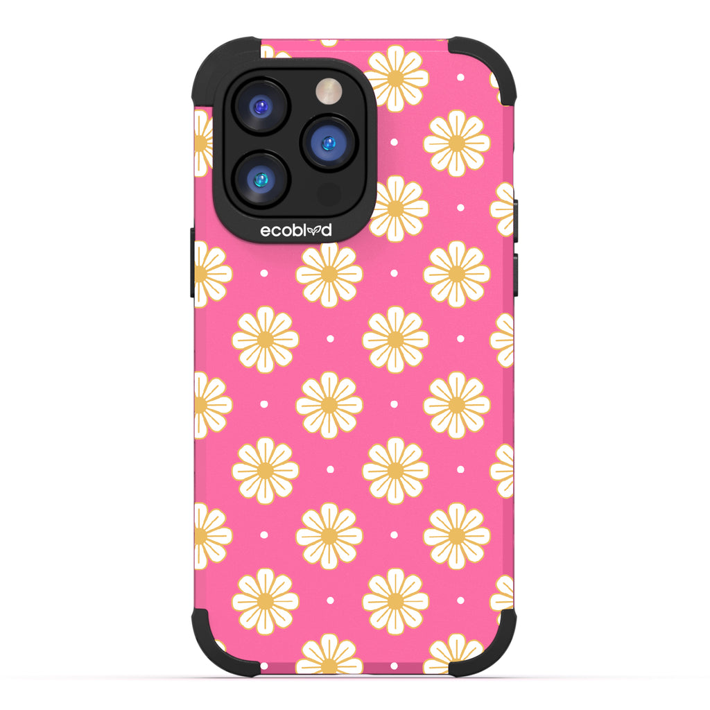 Daisy - Pink Rugged Eco-Friendly iPhone 14 Pro Max Case With A White Floral Pattern Of Daisies & Dots On Back
