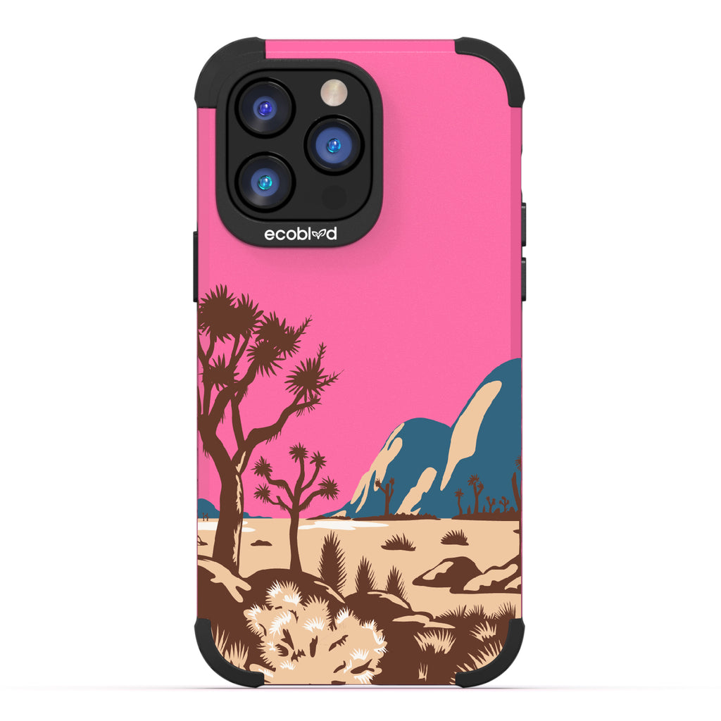 Joshua Tree - Pink Rugged Eco-Friendly iPhone 14 Pro Max Case With Minimalist Joshua Tree Desert Landscape On Back
