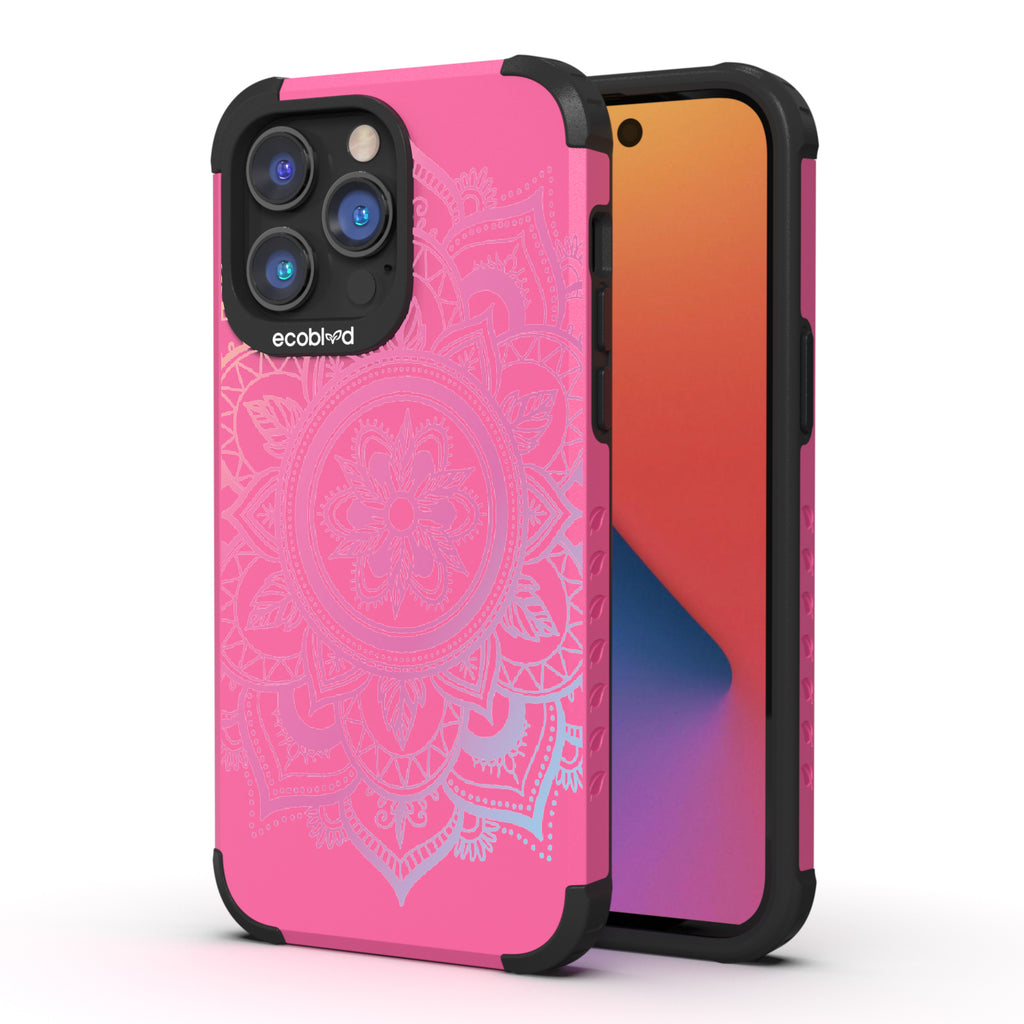 Mandala - Back View Of Pink & Eco-Friendly Rugged iPhone 14 Pro Case & A Front View Of The Screen