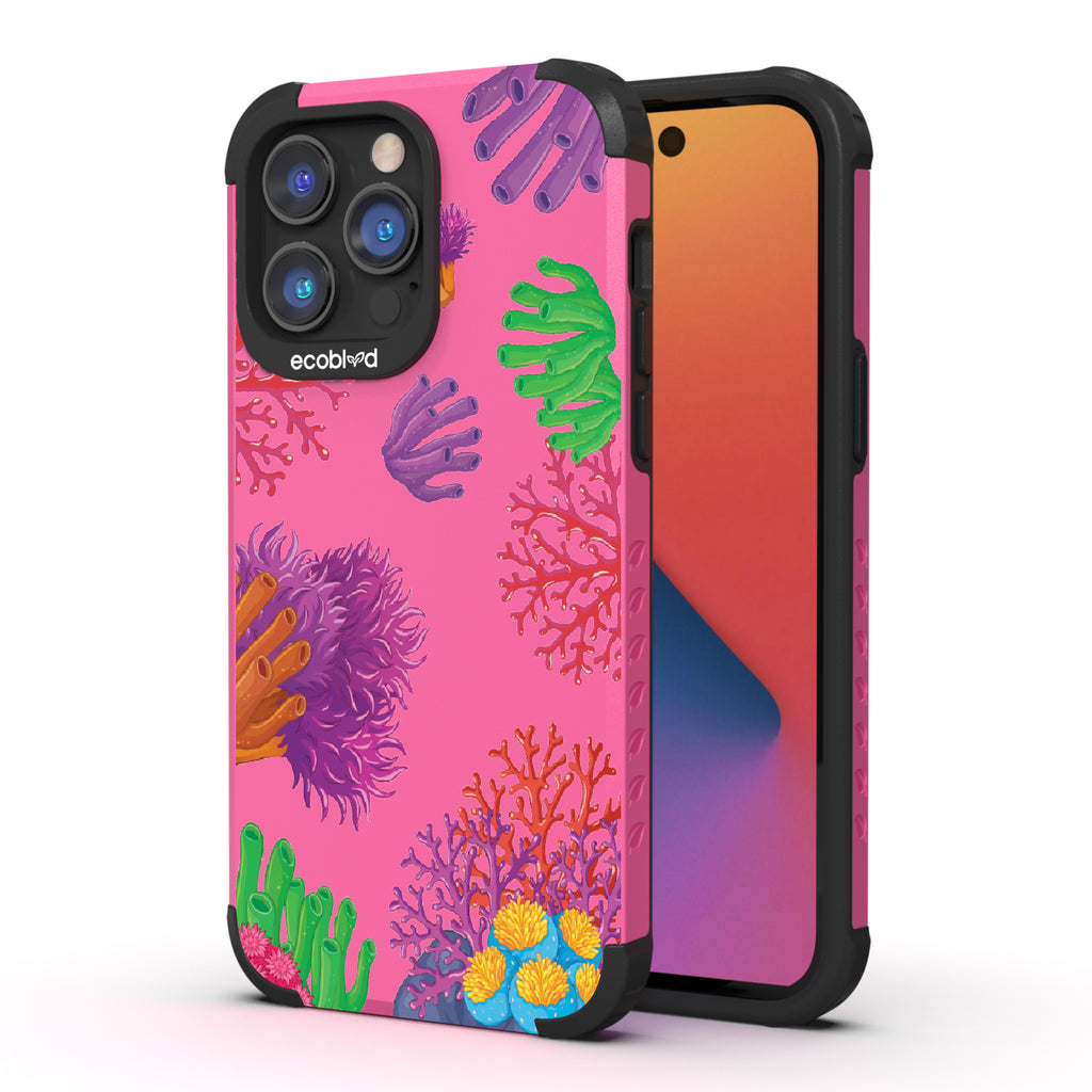 Coral Reef - Back View Of Pink & Eco-Friendly Rugged iPhone 14 Pro Max Case & A Front View Of The Screen