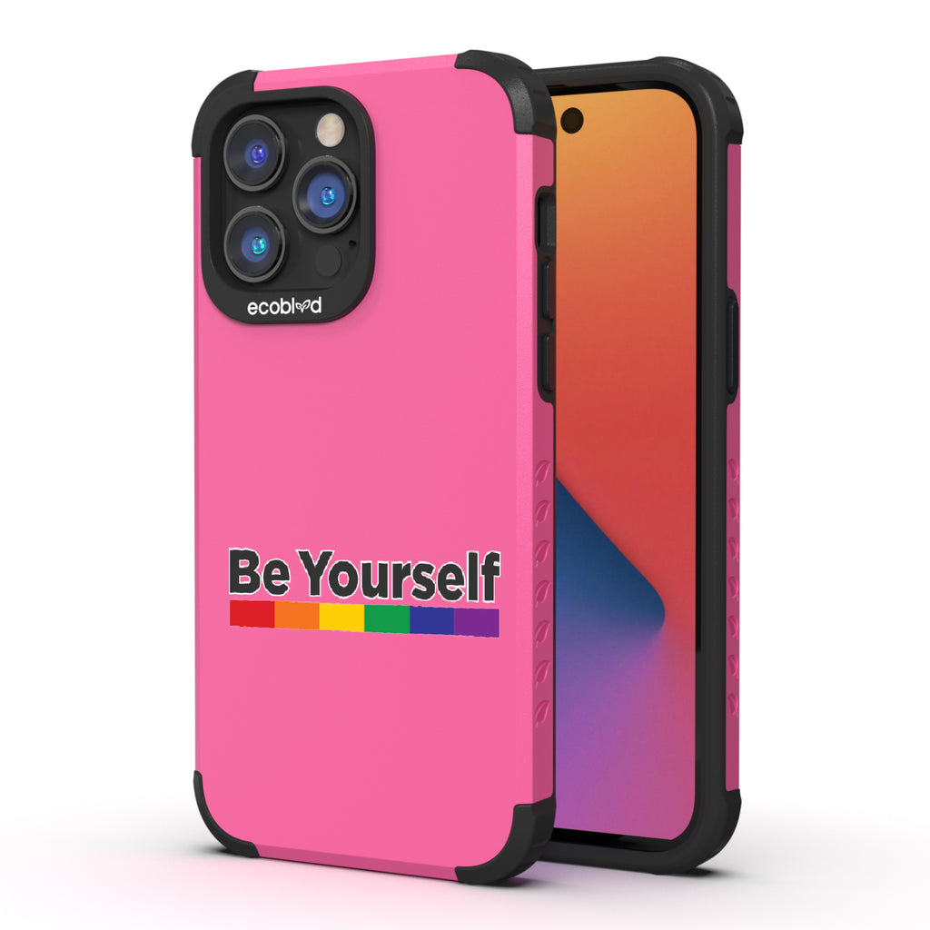 Be Yourself - Back View Of Pink Eco-Friendly iPhone 14 Pro Max Rugged Case & Front View Of Screen