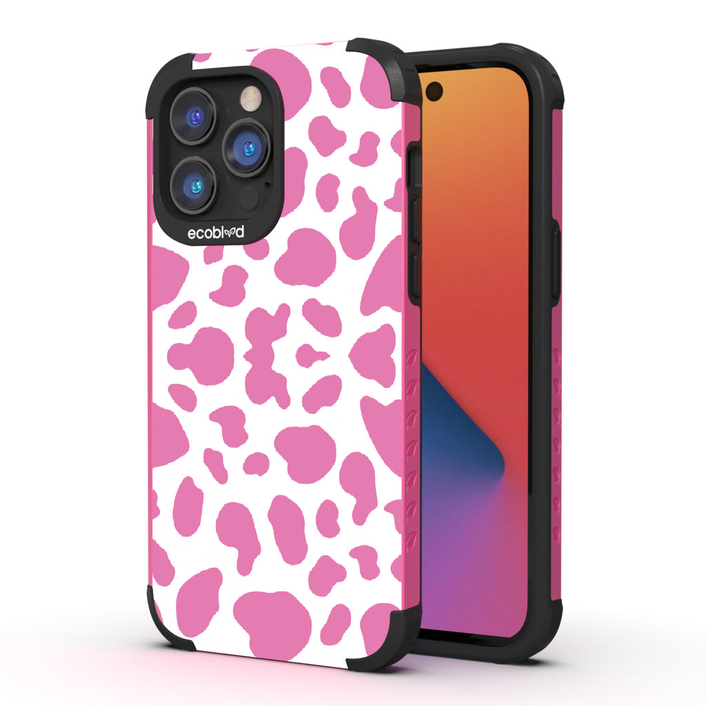 Cow Print - Back View Of Pink & Eco-Friendly Rugged iPhone 14 Pro Max Case & A Front View Of The Screen
