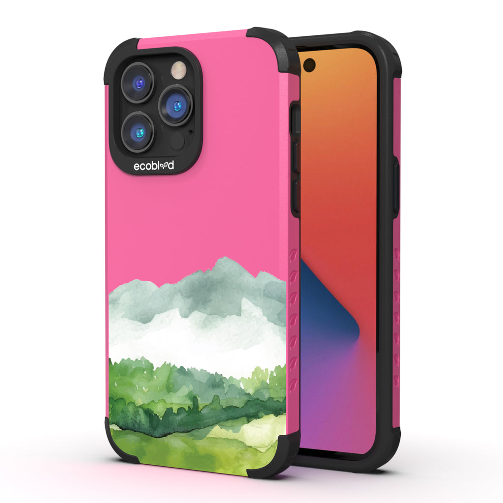 Front and back view of iPhone 14 Pro Max case, rugged compostable phone case in pink, Open Horizon design
