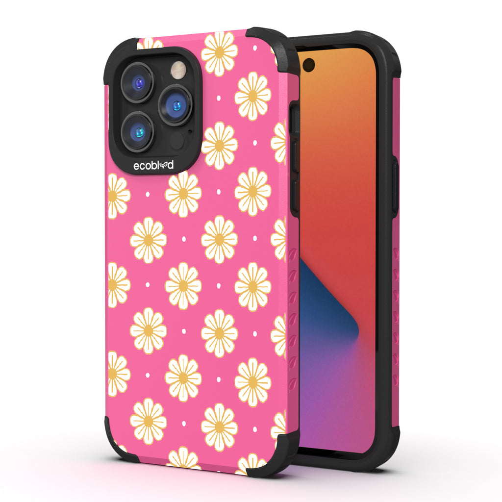 Daisy - Back View Of Pink & Eco-Friendly Rugged iPhone 14 Pro Case & A Front View Of The Screen
