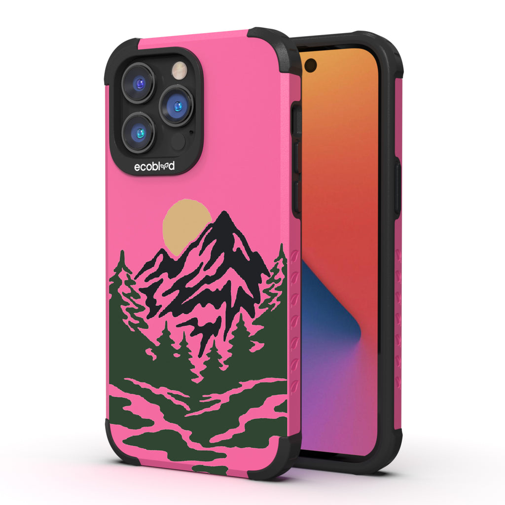 Mountains - Back View Of Pink & Eco-Friendly Rugged iPhone 14 Pro Max Case & A Front View Of The Screen