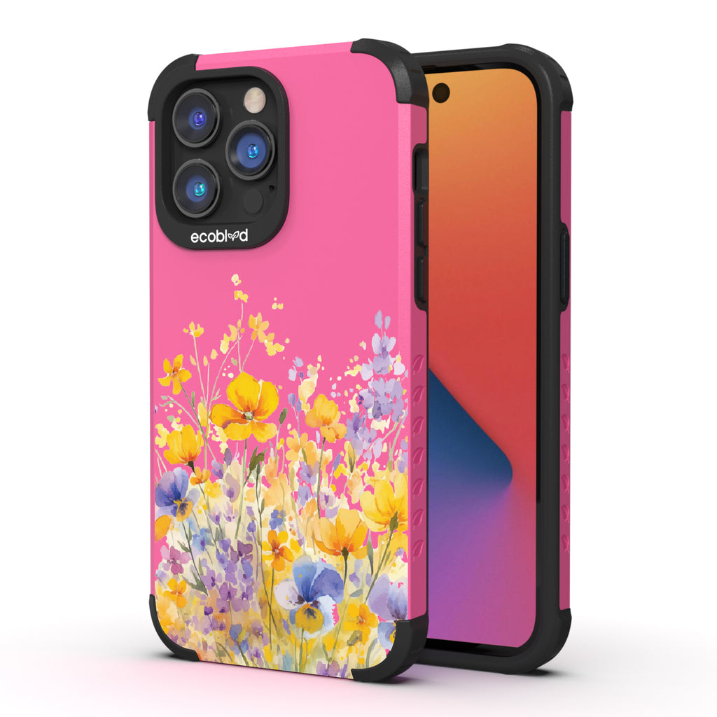 Front and back view of iPhone 14 Pro Max case, rugged compostable phone case in pink, Meadowlight design