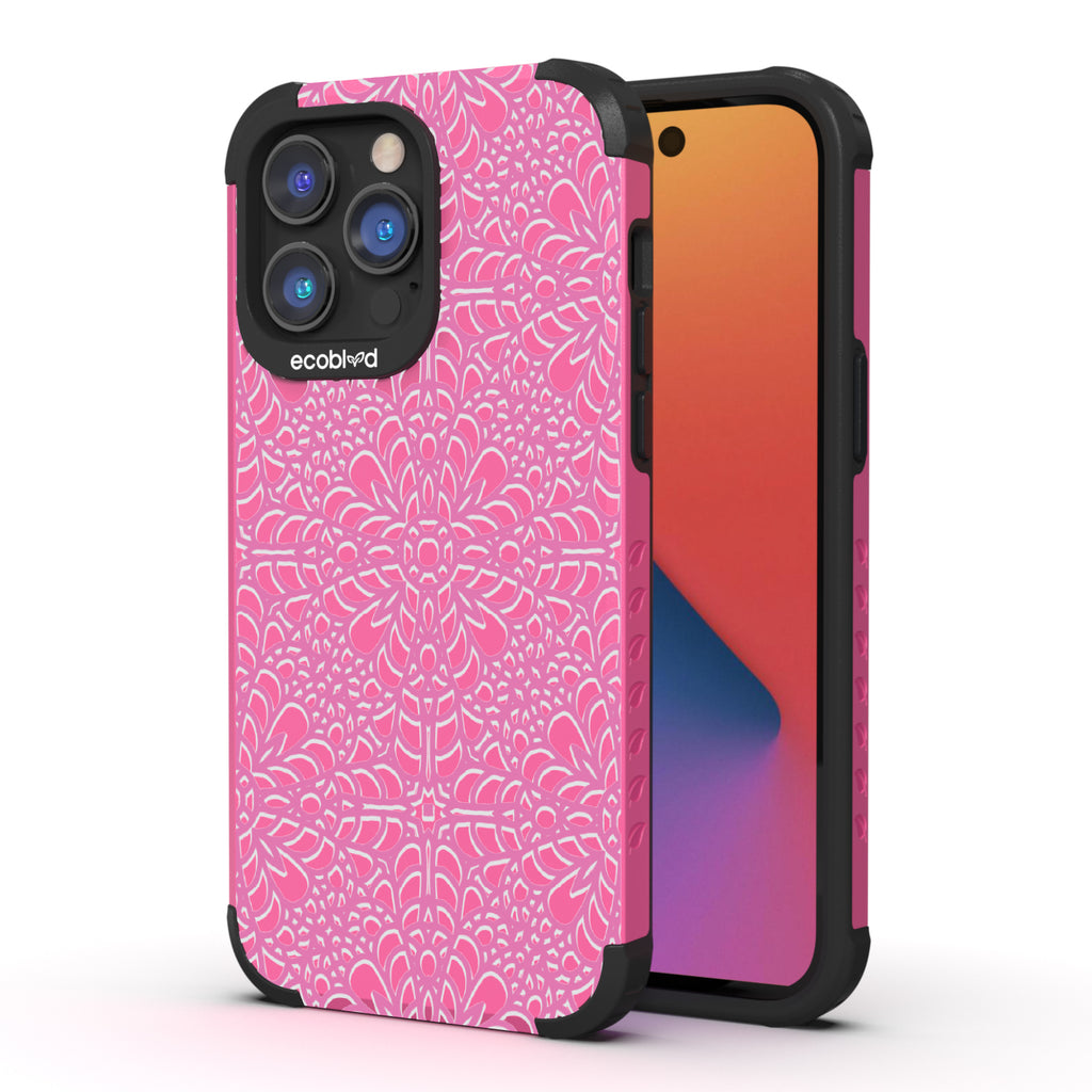 A Lil' Dainty - Back View Of Eco-Friendly Pink iPhone 14 Pro Rugged Case & Front View Of Screen