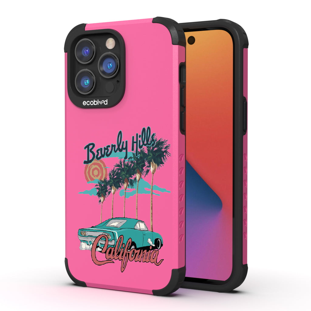 Front and back view of iPhone 14 Pro Max case, rugged compostable phone case in pink, 90210 design