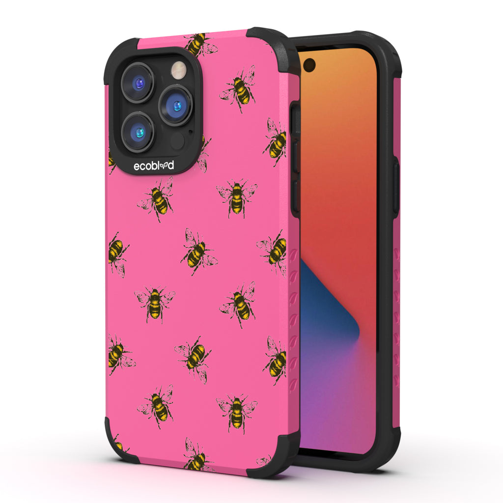 Bees - Back View Of Pink & Eco-Friendly Rugged iPhone 14 Pro Case & A Front View Of The Screen