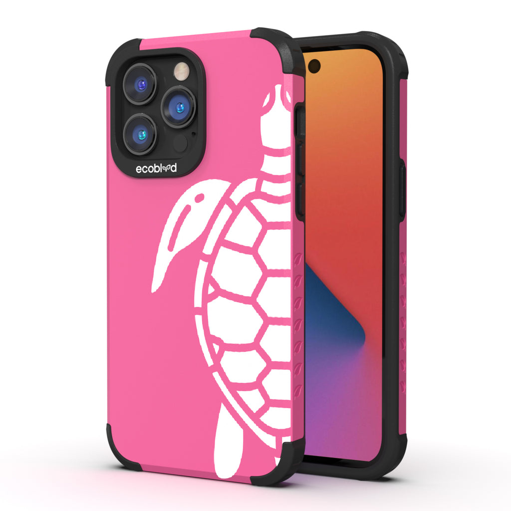 Sea Turtle - Back View Of Pink & Eco-Friendly Rugged iPhone 14 Pro Case & A Front View Of The Screen