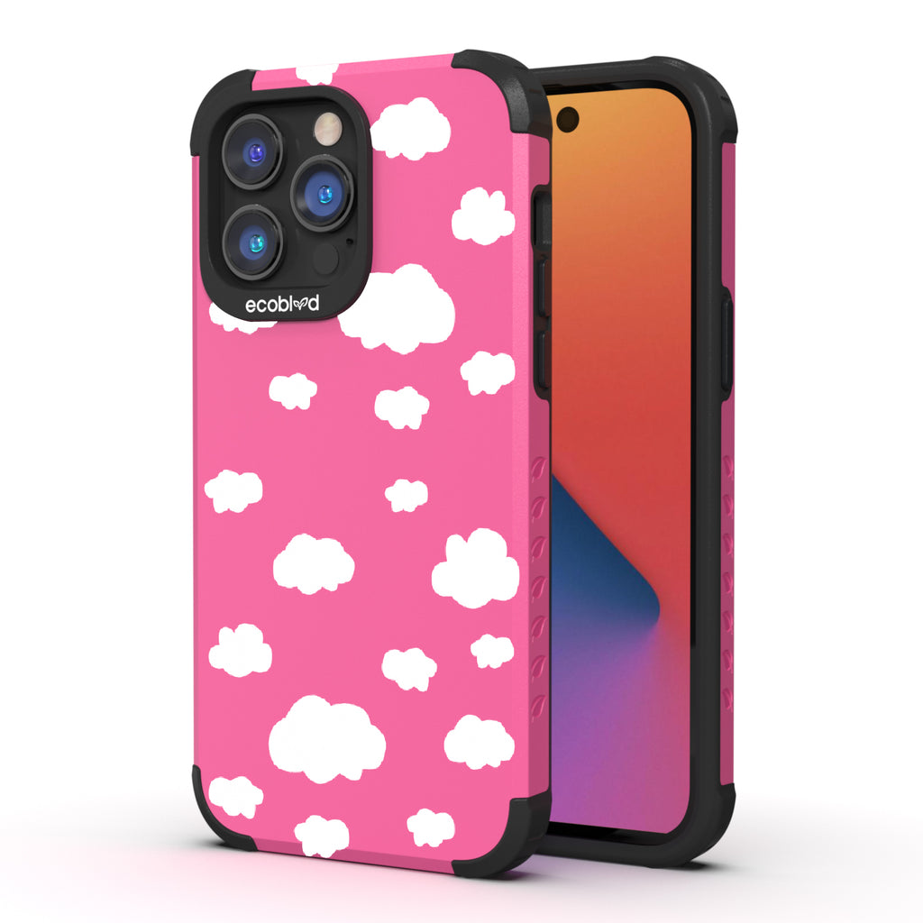 Clouds - Back View Of Pink & Eco-Friendly Rugged iPhone 14 Pro Case & A Front View Of The Screen