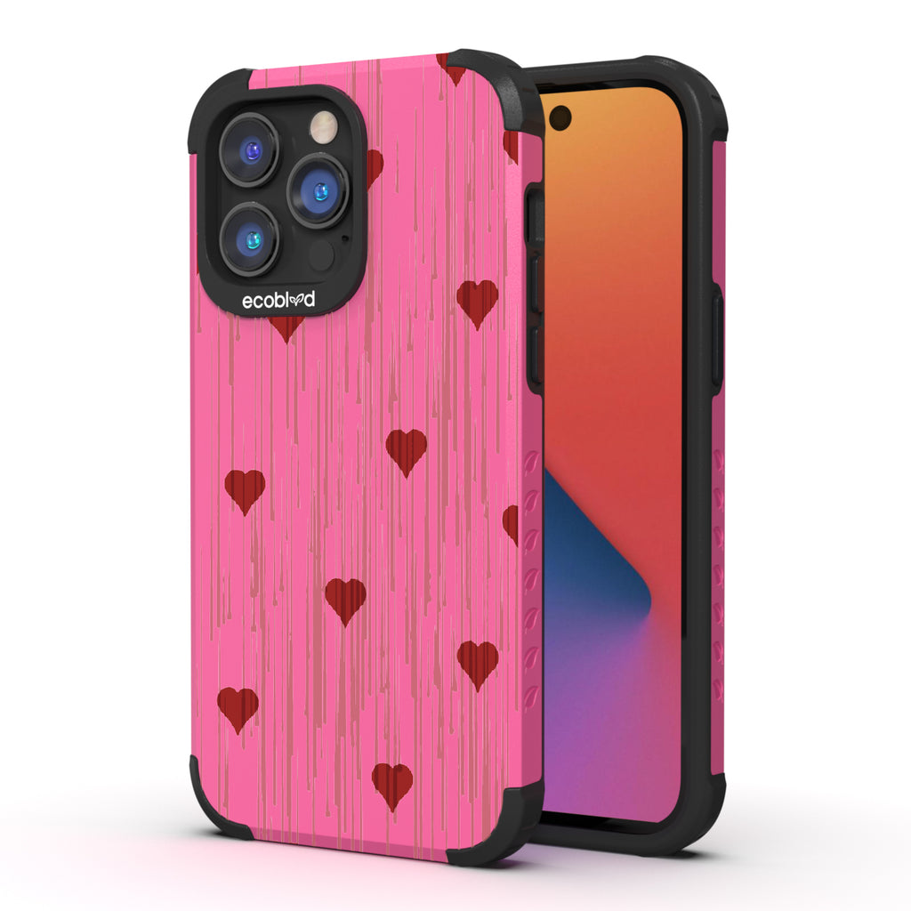 Bleeding Hearts - Back View Of Pink Eco-Friendly iPhone 14 Pro Rugged Case & Front View Of Screen