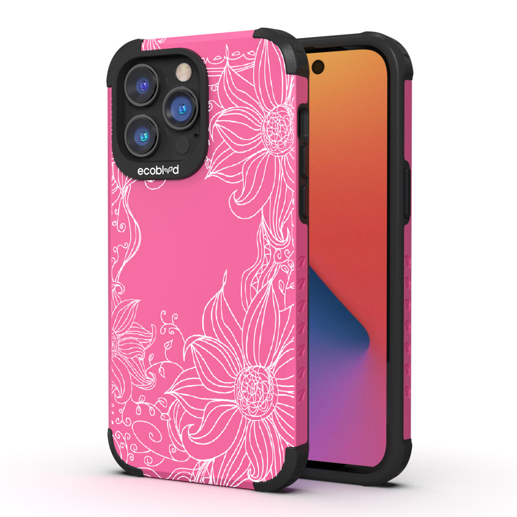 Flower Stencil - Back View Of Pink & Eco-Friendly Rugged iPhone 14 Pro Max Case & A Front View Of The Screen