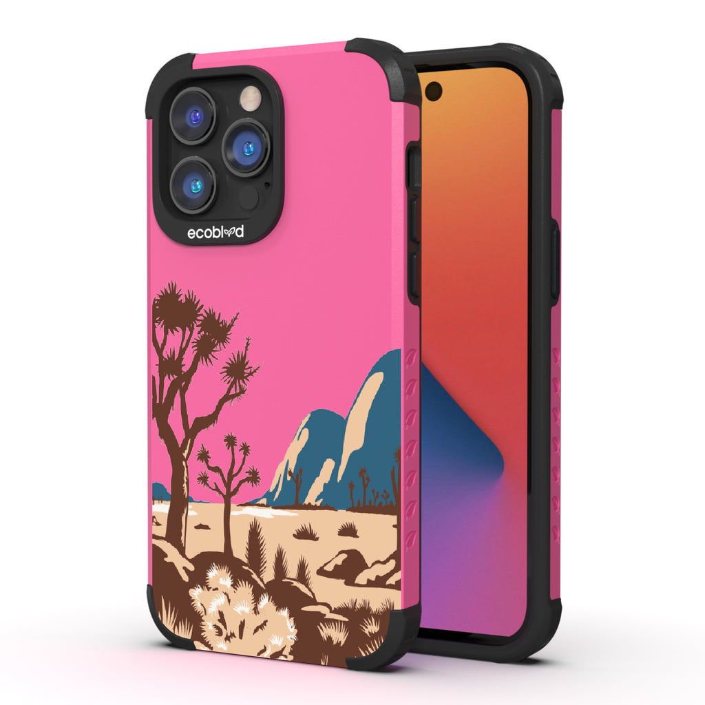 Joshua Tree - Back View Of Pink & Eco-Friendly Rugged iPhone 14 Pro Max Case & A Front View Of The Screen